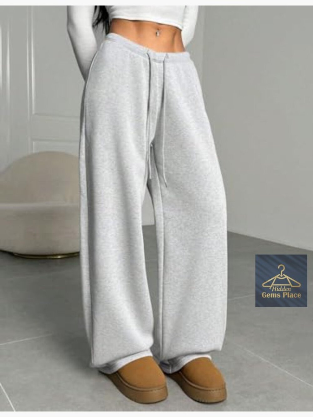 Fleece Lined Wide Leg Sweatpants High Waist with Pockets - Picture 4 of 7